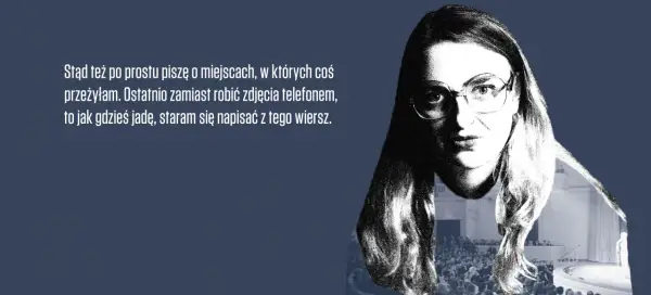 Kobieta w okularach, z tekstem o pisaniu wierszy. Jej słowa to poezja współczesna, wiersze rodzą się z przeżyć.