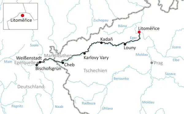 Karte zeigt den Eger Radweg von Weißenstadt über Karlsbad bis Litoměřice.