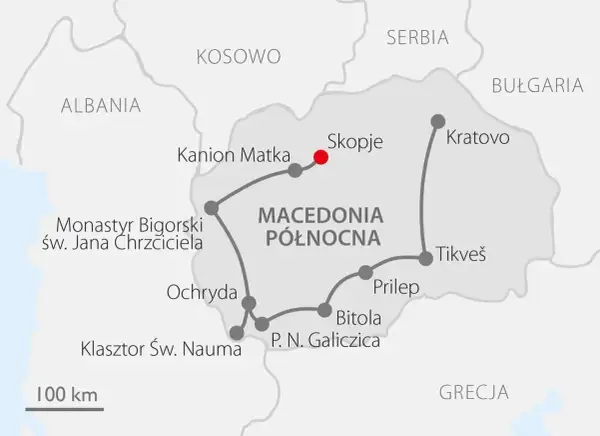 Mapa turystyczna Macedonii Północnej z zaznaczonymi atrakcjami: Skopje, Kanion Matka, Ochryda, Bitola. Skala 100 km.