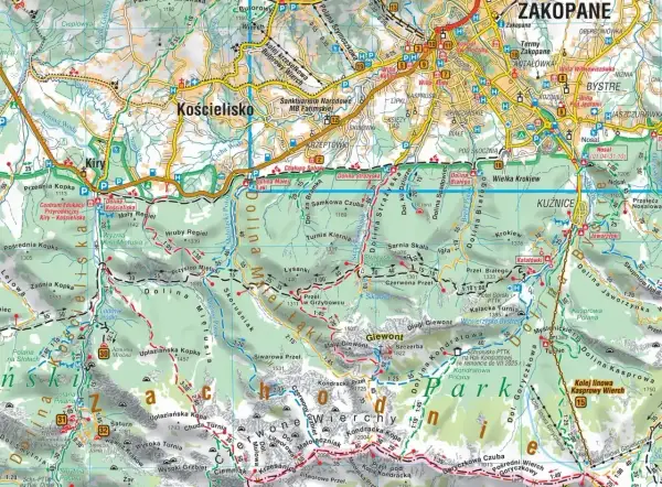 Fragment mapy Tatr z zaznaczonymi szlakami, dolinami i szczytami. Widoczne m.in. Kościelisko, Zakopane, Dolina Miętusia. Część dziennej trasy rajdu.