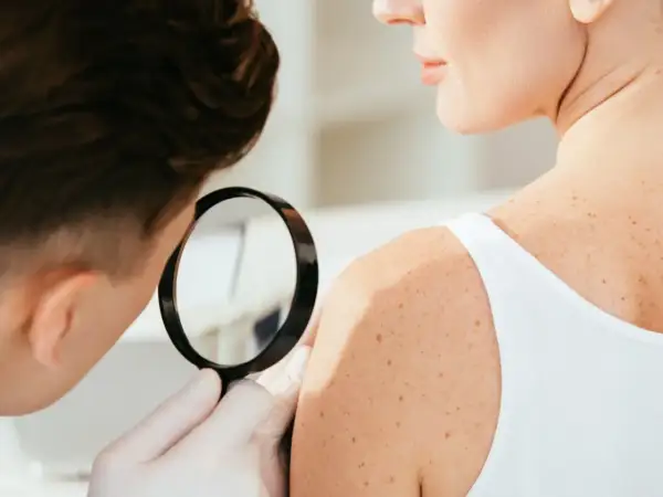 Dermatologia co to? Lekarz ogląda pieprzyki na ramieniu pacjentki przez lupę.