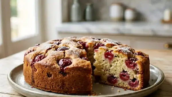 Un délicieux gâteau aux cerises, saupoudré de sucre glace, est présenté sur une assiette. Une part a été retirée, révélant la texture moelleuse et les fruits rouges.