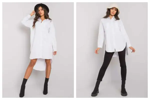 Dwie kobiety prezentują białą koszulę plus size. Jedna w czarnym kapeluszu i botkach, druga w beżowym kapeluszu i czarnych legginsach.