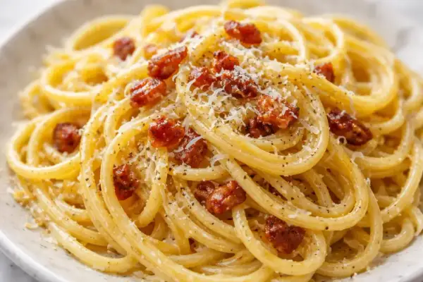 Un plat de linguine alla carbonara crémeux, garni de lardons croustillants et de parmesan râpé. Un délice italien.