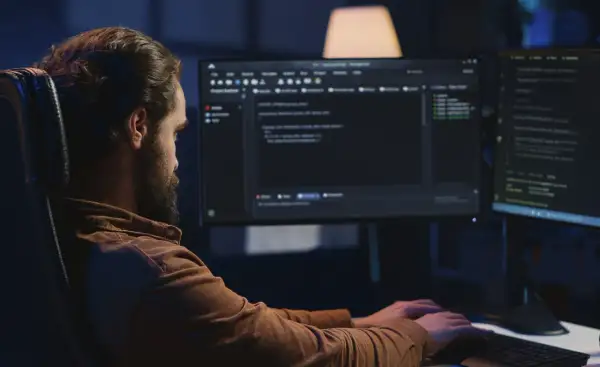 Mężczyzna z brodą, jako java developer, intensywnie pracuje przy dwóch monitorach, pisząc kod w ciemnym pomieszczeniu.