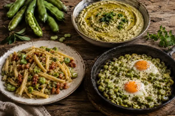 Pyszne dania z bobu: makaron z boczkiem, pasta z bobu i jajka sadzone na bobie.