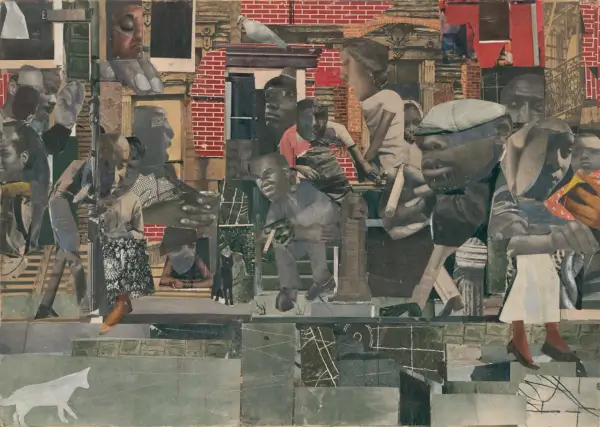 A collage of fragmented figures and urban scenes, this piece embodies formalism art through its bold composition and abstract representation of everyday life.