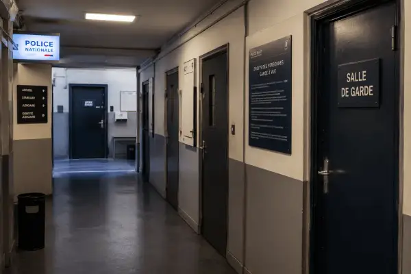 Couloir de commissariat avec des portes et un panneau "Droits des personnes en garde à vue". La fin de garde à vue approche pour certains.