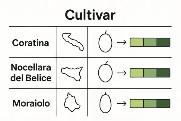 Tabella per come riconoscere le varietà di olivo: Coratina, Nocellara del Belice, Moraiolo, con indicazioni su forma e maturazione.