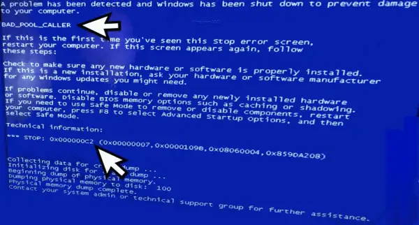 Blauer Bildschirm mit Fehlermeldung "BAD_POOL_CALLER". Ein Pfeil zeigt auf den Fehlercode.
