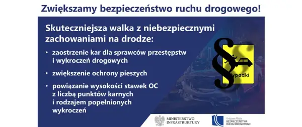Zasady ruchu drogowego: zaostrzenie kar, ochrona pieszych, powiązanie OC z punktami karnymi. Grafika symbolizuje bezpieczeństwo na drodze.