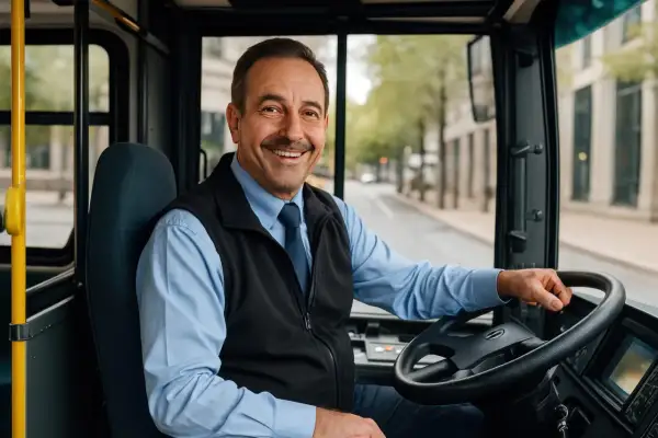 Uśmiechnięty kierowca autobusu z prawem jazdy kat. D, gotowy do pracy.