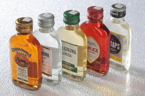 Małe butelki wódki: Żubrówka Złota, Łądkowa Gorzka, Soplica Malinowa i Znaps. Co to jest małpka wódki? To właśnie takie miniaturowe buteleczki.
