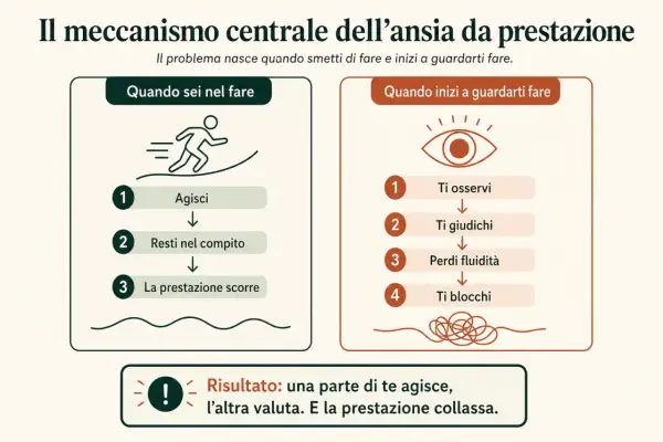 Schema su come capire se soffri di ansia da prestazione: agire vs. osservarsi, giudicarsi, perdere fluidità e bloccarsi.
