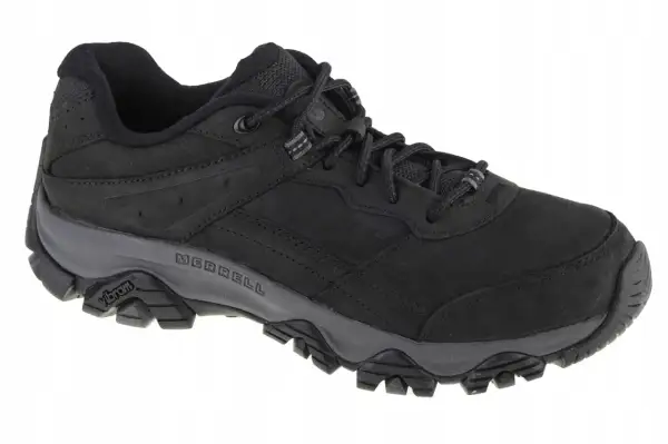 Czarny, męski but Merrell alpine hiker z szarą podeszwą Vibram. Idealny na górskie wędrówki.