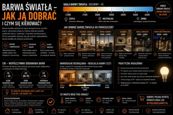 Barwa światła neutralna 4000K jest uniwersalna, idealna do kuchni, jadalni i biura. Dobrze oddaje kolory i wspiera koncentrację.