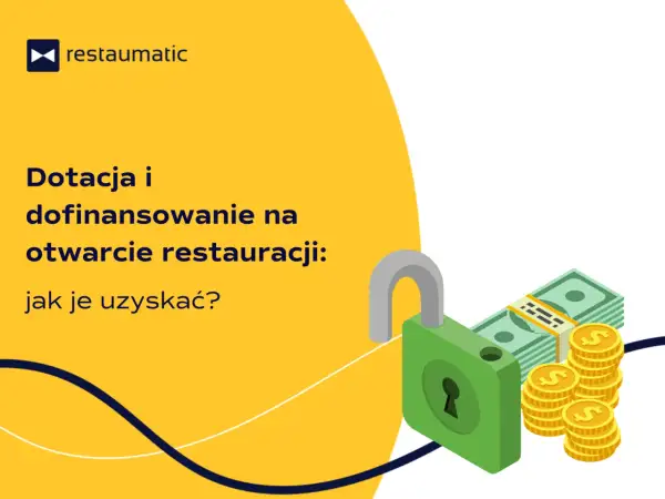 Otwórz restaurację z dotacją! Grafika pokazuje otwartą kłódkę, stos banknotów i monety, symbolizując dofinansowanie na otwarcie restauracji.