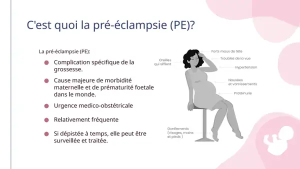 Illustration expliquant la pré-éclampsie et ses symptômes : maux de tête, troubles de la vue, hypertension, nausées, vomissements, protéinurie, sifflements d'oreilles et gonflements.