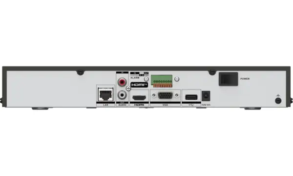 Tył rejestratora z portami LAN, HDMI, VGA, USB, zasilania i alarmu. Potrzebujesz go do konfiguracji Hik-Connect, wpisz kod weryfikacyjny.