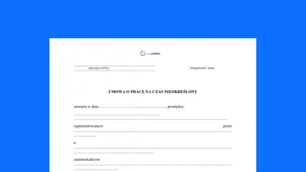 Formularz umowy o pracę na czas nieokreślony. Wypełnij dane firmy, datę i miejsce zawarcia umowy.