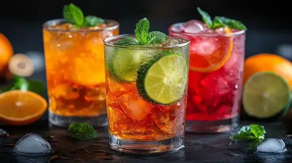 Trzy kolorowe drinki z lodem, miętą i owocami cytrusowymi na ciemnym tle.