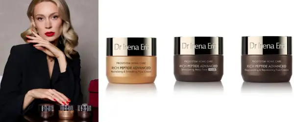 Elegancka kobieta prezentuje kosmetyki Dr Irena Eris z serii Rich Peptide Advanced.
