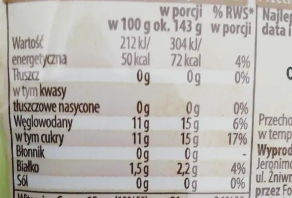Tabela wartości odżywczych z informacją o kaloriach, tłuszczach, węglowodanach i białku.