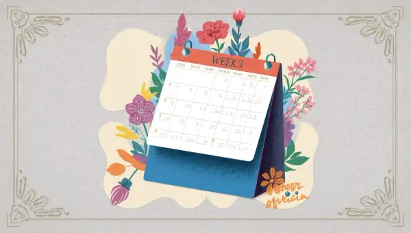 Calendario de escritorio con flores y la palabra "WEEK 3" escrita.