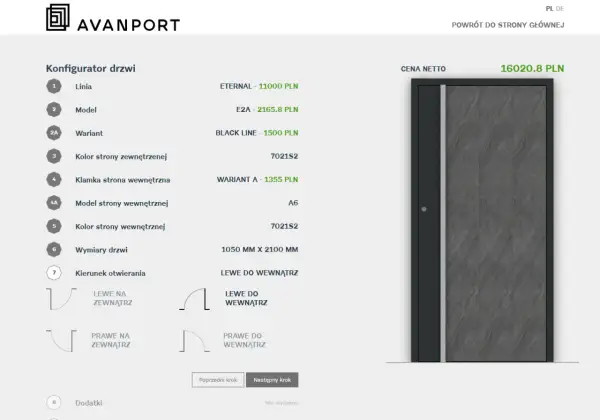 Konfigurator drzwi: profil okna, linia ETERNAL, model E2A, wariant BLACK LINE, kolor 7021S2, wymiary 1050x2100 mm, otwieranie lewe do wewnątrz.