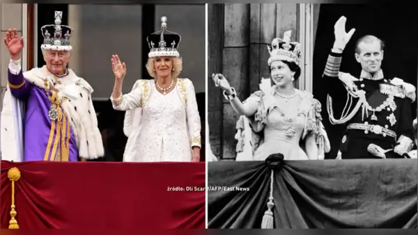 Król Karol III i królowa Camilla w koronach, obok czarno-białe zdjęcie królowej Elżbiety II i księcia Filipa.