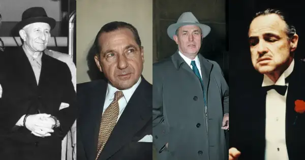 Czterech mężczyzn w eleganckich garniturach i kapeluszach. Marlon Brando jako ojciec chrzestny gra swoją rolę.