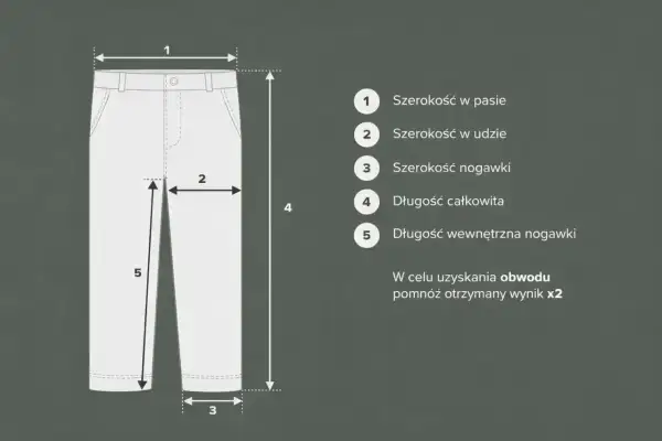 Tabela rozmiarów spodni: szerokość w pasie, udzie, nogawce, długość całkowita i wewnętrzna. Idealne dla rozmiaru 34.