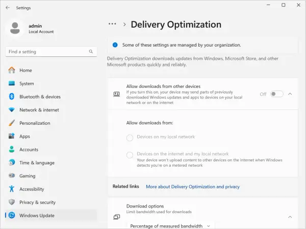 Ustawienia optymalizacji dostarczania w Windows 10. Możesz tu zarządzać pobieraniem aktualizacji, co wpływa na wydajność dysku.