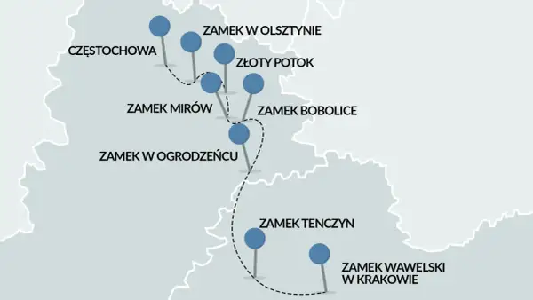 Mapa pokazuje szlak Orlich Gniazd rowerem, łączący Częstochowę z Krakowem przez zamki Olsztyn, Złoty Potok, Mirów, Bobolice, Ogrodzieniec i Tenczyn.