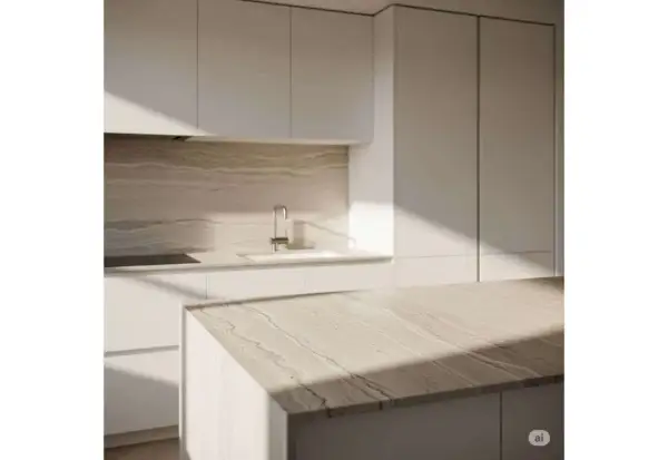 Cuisine moderne avec îlot central. La position des prises de courant est discrète, intégrée au design épuré.
