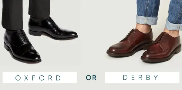 Schwarze Oxford-Schuhe mit Anzughose und braune Derby-Schuhe mit Jeans. Die Wahl zwischen Oxford vs Derby.