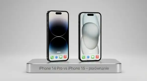 Dwa iPhone'y na srebrnej podstawce, jeden z ciemnym ekranem, drugi z jasnym. Porównanie iPhone 14 Pro vs iPhone 15.