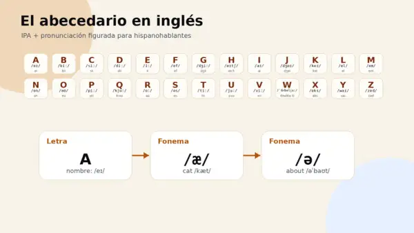 El abecedario en inglés, con la letra X y su pronunciación "eks". Aprende fonemas como en "cat" y "about".