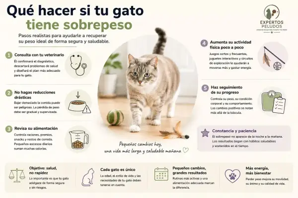 Un gato gordo camina con confianza, mostrando los pasos para ayudarlo a recuperar su peso ideal.