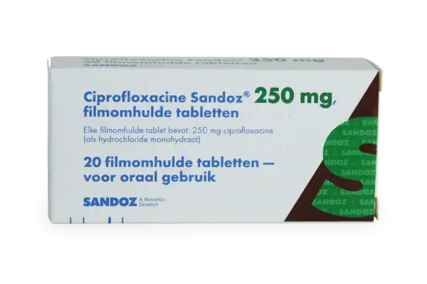 Opakowanie leku Ciprofloxacine Sandoz 250 mg, zawierające 20 tabletek powlekanych do stosowania doustnego.