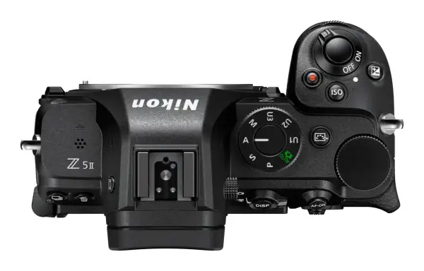 Top view of a black Nikon Z5 II camera, showing controls like ISO, mode dial, and AF-ON button. The Nikon Z5 release date was August 2020.