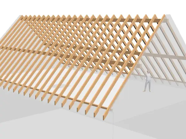 Dachstuhl aufbau: detaillierte Darstellung der Sparren und Latten eines Holz-Dachstuhls. Eine Person steht im Hintergrund zur Größenvergleich.