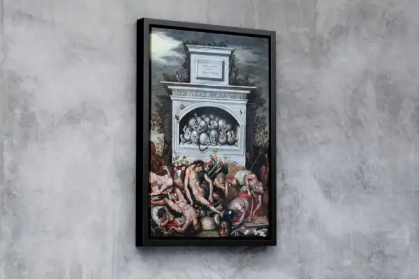 Gemälde mit Totenköpfen und Menschen, die die Vergänglichkeit des Lebens darstellen. Die Vanitas-Bedeutung ist klar: alles ist eitel.