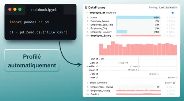 Le code Python utilise pandas pour charger un fichier CSV dans un DataFrame. Le DataFrame est ensuite profilé automatiquement, montrant des statistiques et des visualisations pour les données.