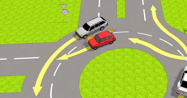 Kolizja na rondzie! Czerwony samochód nie ustąpił pierwszeństwa, a biały kombi wjechał na rondo. Kto ma pierwszeństwo na rondzie?
