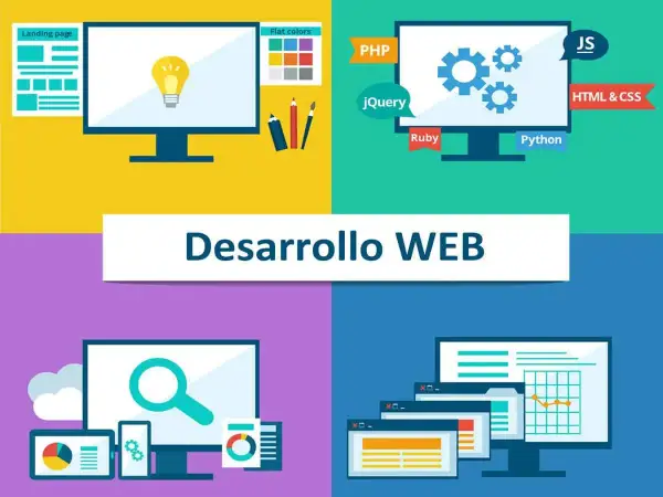 Ilustración de desarrollo web con iconos de programación, diseño de páginas web y herramientas de codificación.