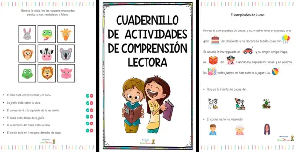 Cuadernillo de actividades de comprensión lectora para niños con ejercicios de animales y un cuento sobre el cumpleaños de Lucas.