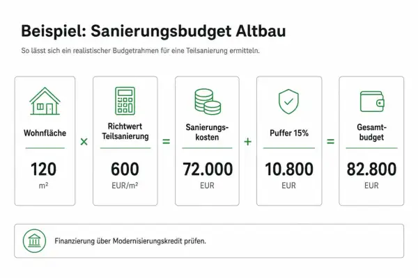 Beispielrechnung: 120 m² Wohnfläche x 600 EUR/m² = 72.000 EUR Sanierungskosten + 15% Puffer (10.800 EUR) = 82.800 EUR Gesamtbudget für altes Haus sanieren Kosten.