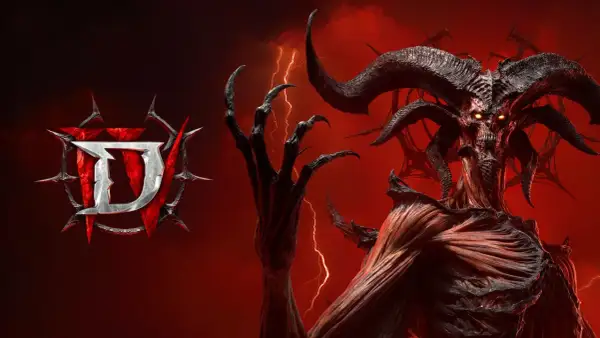Diablo 4 dodatek: przerażający demon z rogami i płonącymi oczami, logo gry na tle burzy.
