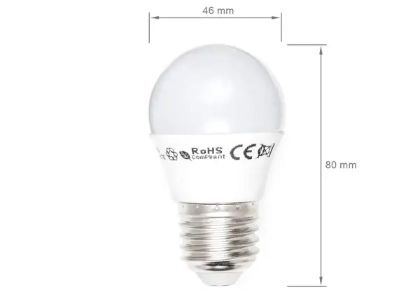 Biała, kulista lampa LED z gwintem, oznaczona symbolami RoHS i CE. Wymiary: 46 mm szerokości, 80 mm wysokości.